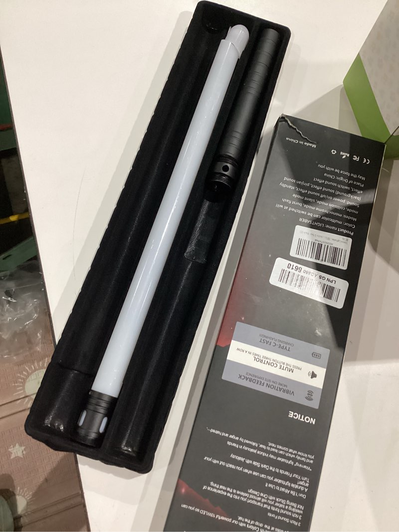 Condition photo showing As Is for item broken and incomplete)))))juxaxia lightsaber 2 pack - metal hilt dueling light sword with connector (2-in-1), 20 rgb colors & 3 sound modes, rechargeable cosplay toy for kids & adults gift, halloween christmas (24 in,black) kids' duel edition(metal, 24in)