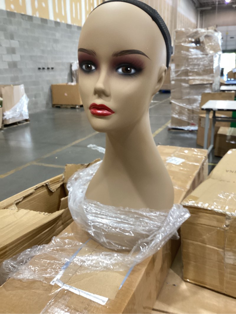 Condition photo showing As Is for female plastic mannequin head - 17" realistic wig stand for wigs, hats, sunglasses, and jewelry display (color of brown, 17 inch)