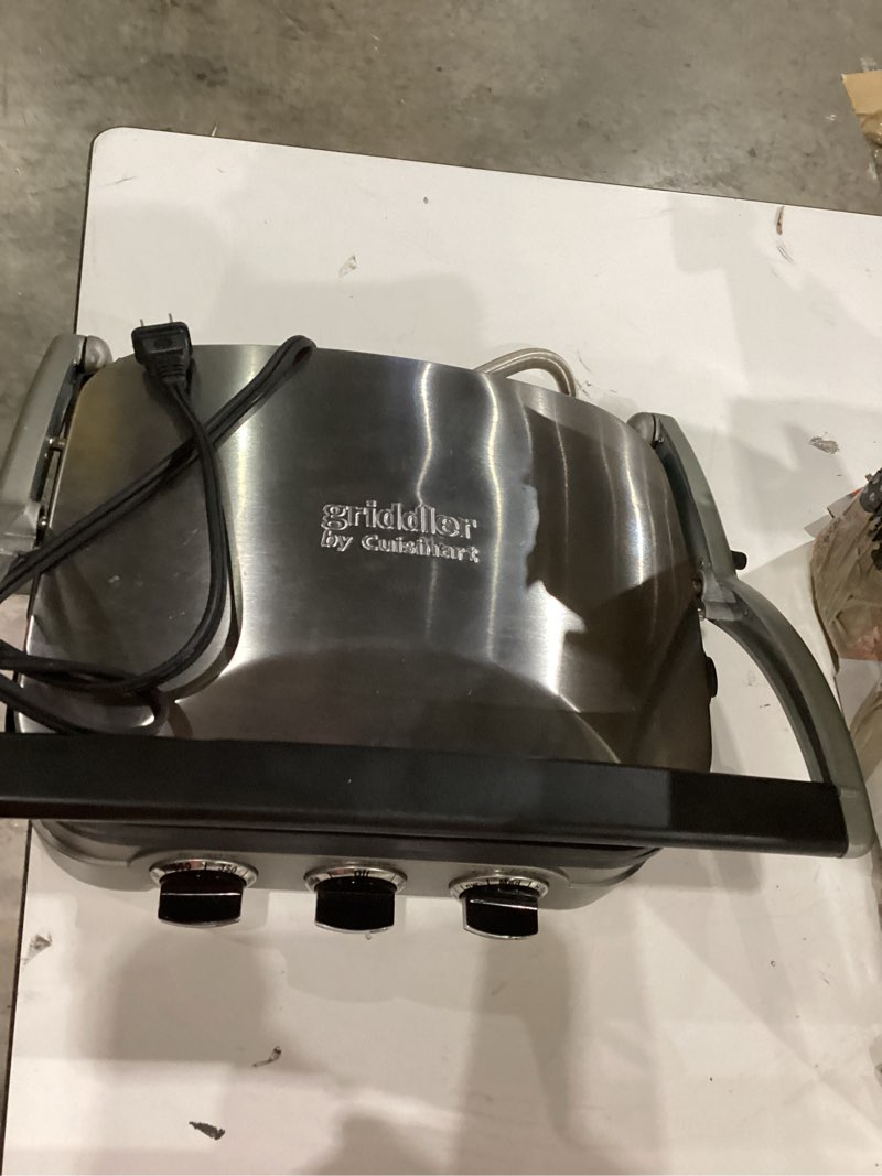 Condition photo showing As Is for cuisinart griddler indoor grill, panini press, sandwich maker & more, 5-in-1 grilling, dishwasher-safe nonstick cooking plates, gr-4np1, stainless steel