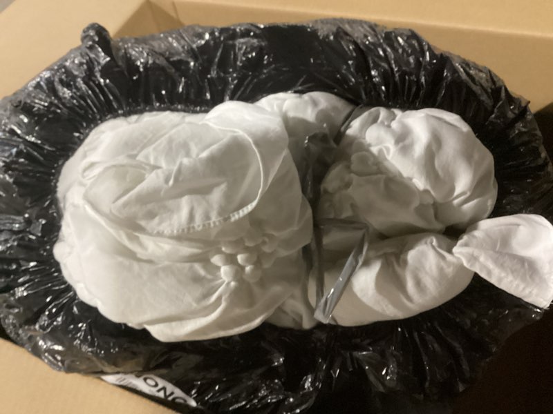 Condition photo showing Good Condition for BEDAZZLED Queen Size Comforter Sets, White Bedding Comforter Set, 3 Pieces Pinch Pleat Bedding Sets with Comforter and Pillowcases Soft Farmhouse Shabby Chic Comforter for All Season White Queen(90”*88“)