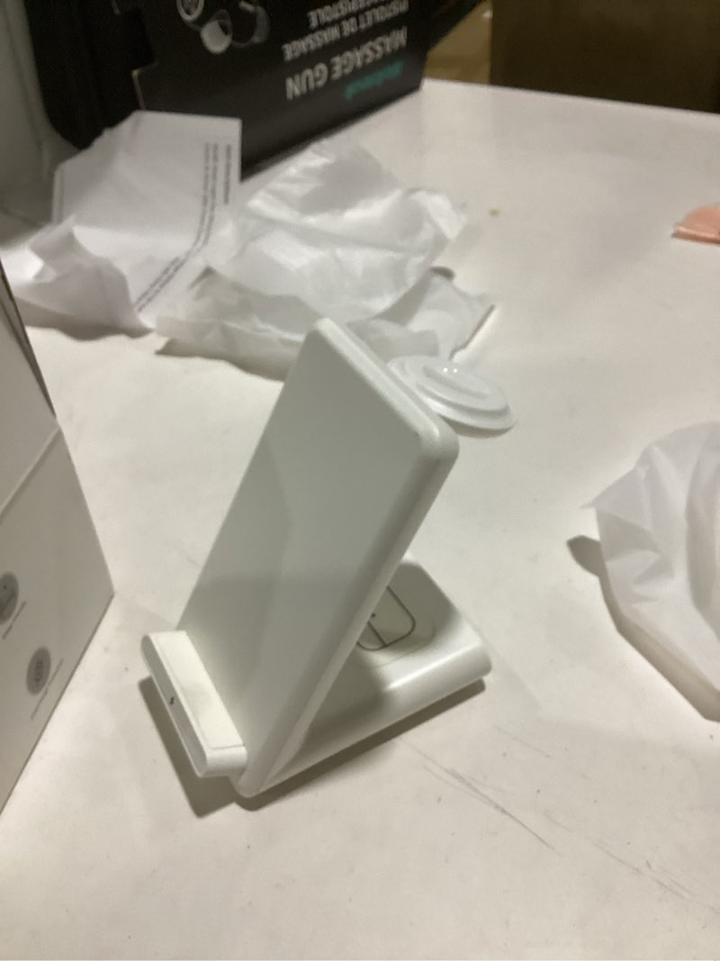 Condition photo showing Good Condition for wireless charging station,3 in 1 charging stand made for apple watch ultra 11 10 9 8 7 6 se 5 4 3,fast wireless charger made for iphone 17/air/16/15/14/13/12,for airpods pro(with adapter) (white)