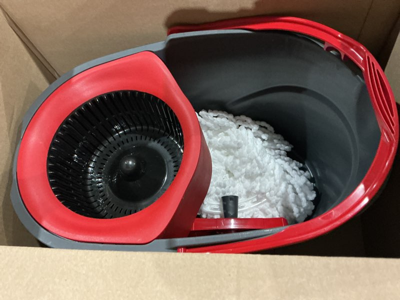 Condition photo showing As Is for (incomplete, missing pieces)(bucket only)o-cedar easywring microfiber spin mop & bucket floor cleaning system + 2 extra refills, red/gray spin mop & bucket with 2 extra refills