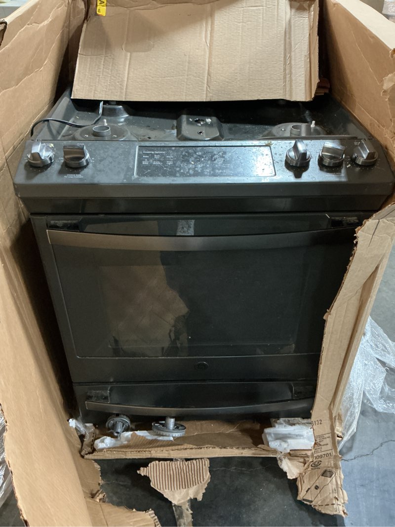 Condition photo showing As Is for ge 30-in 5 burners 5.6-cu ft self-cleaning convection oven slide-in natural gas range (slate)