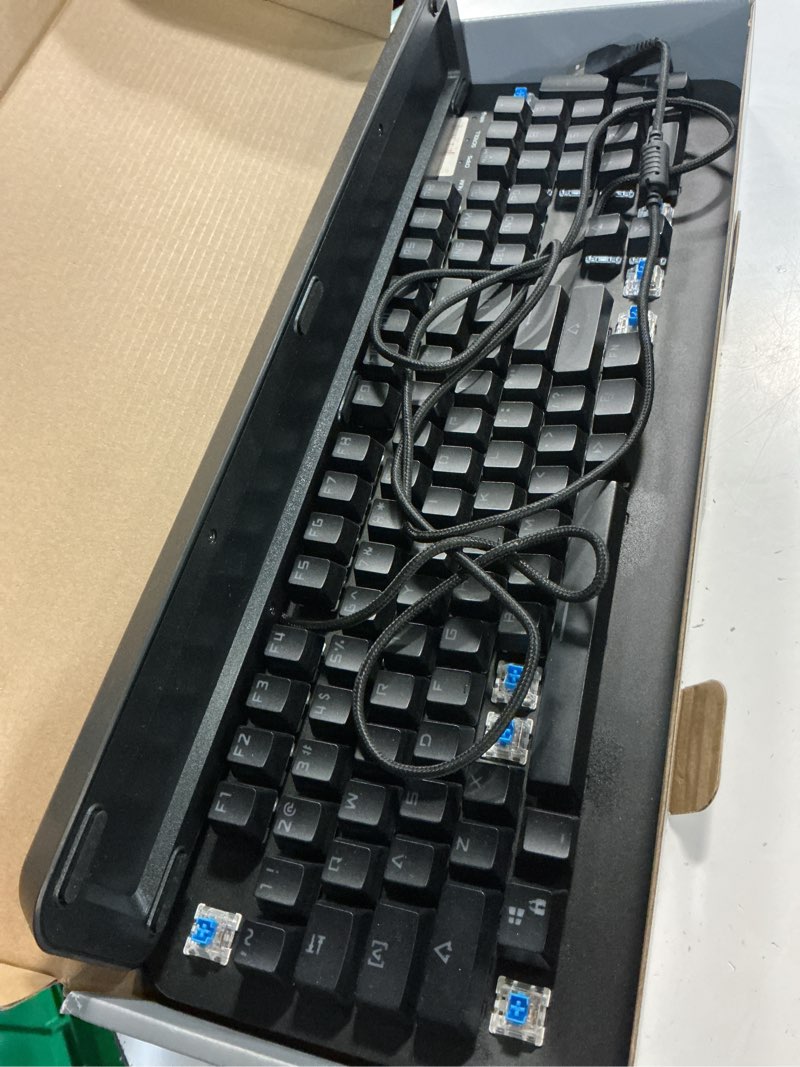 Condition photo showing As Is for onn gaming mechanical keyboard with blue switches, adjustable 16.8m led lighting, 104 keys, black