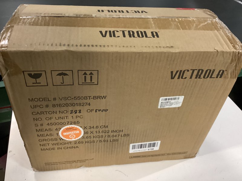 Condition photo showing New/Like New for Victrola Journey Bluetooth Portable Suitcase Record Player – with Built-in Speakers, 3 Speed Vinyl Record Player, RCA Out, Headphone Jack (Brown)