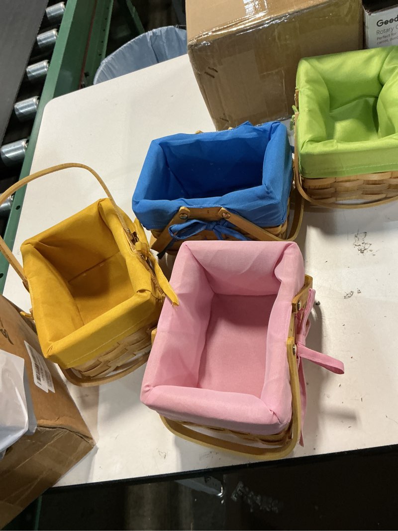Condition photo showing Good Condition for 4 pcs easter basket with double folding handles and gingham liner empty natural woven woodchip picnic bamboo handmade woven eggs basket for picnic, gift packing, storage (pure)