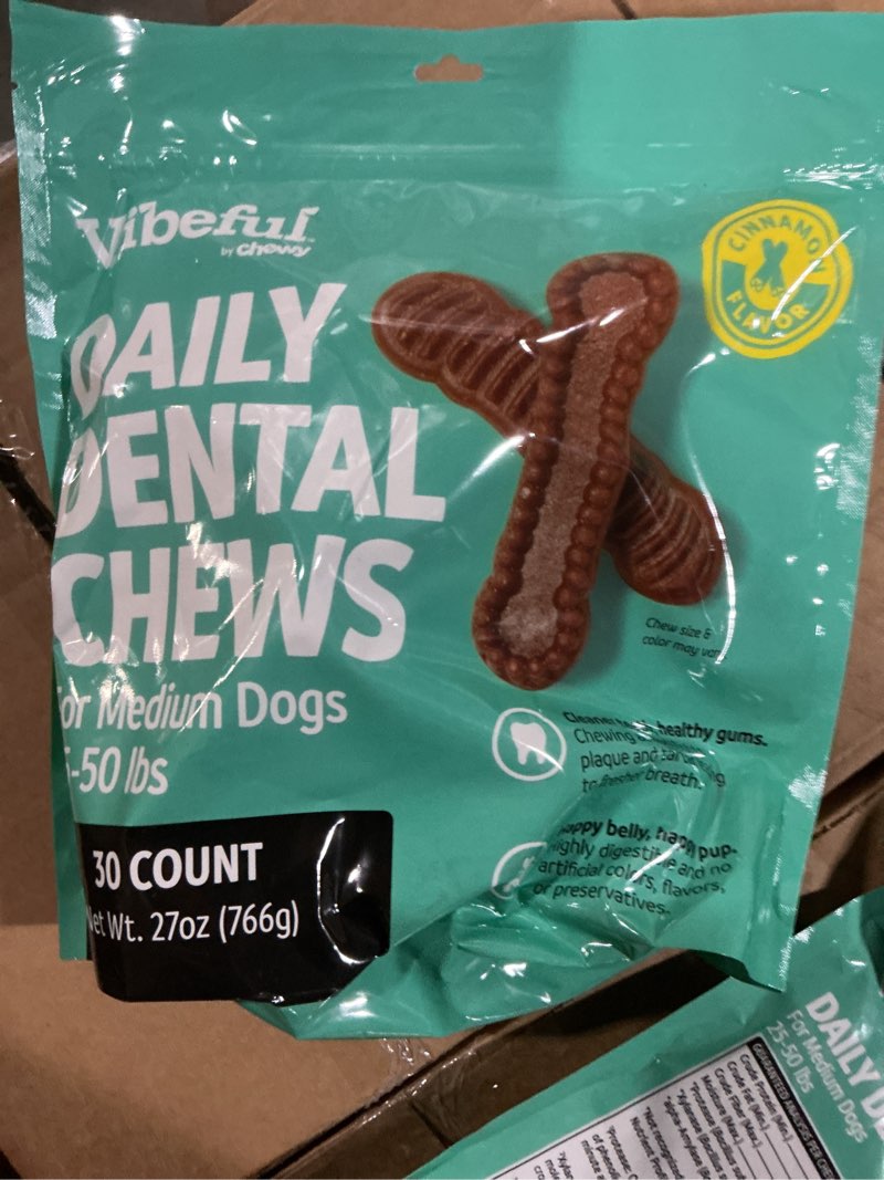 Condition photo showing New/Like New for (BBD 03/14/26). Vibeful Medium Daily Dental Chews for Dogs 25-50 lbs,  Chicken Flavor, 30 count