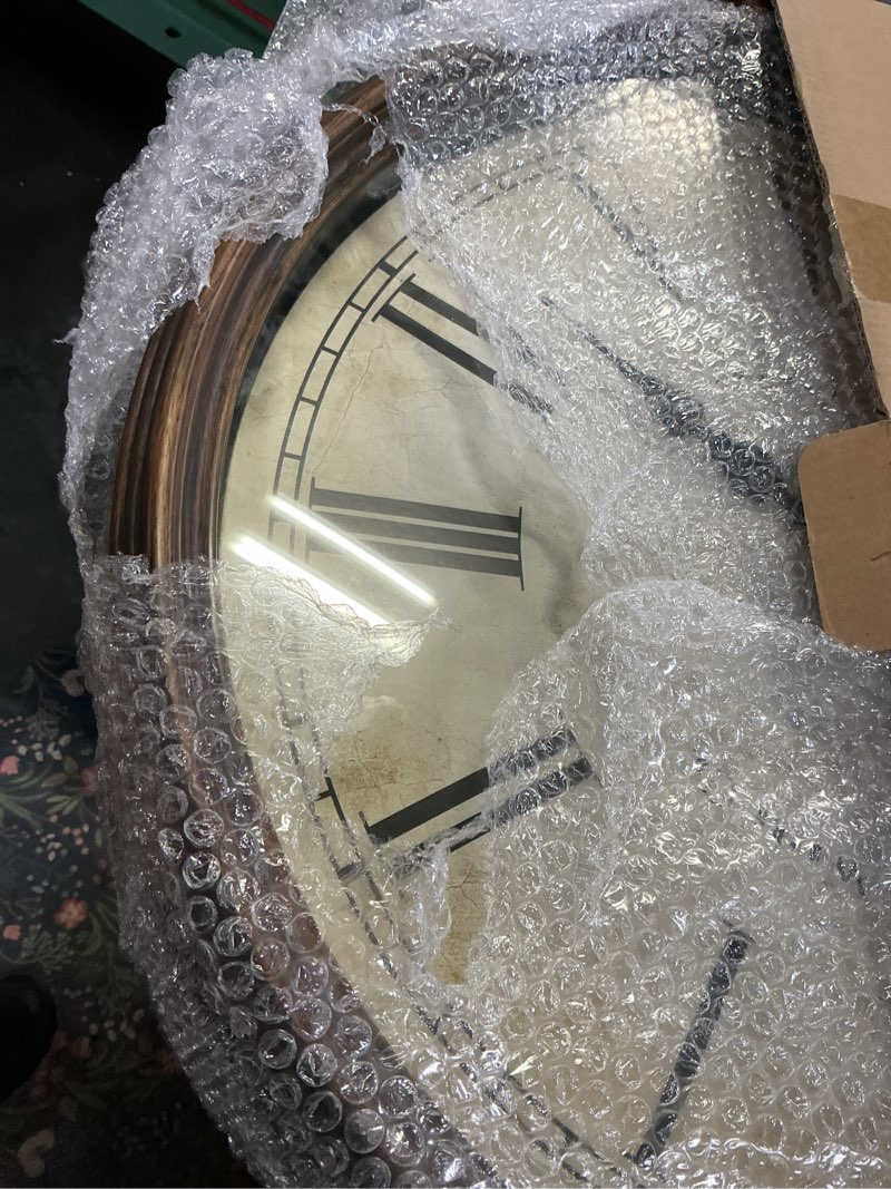 Condition photo showing As Is for bernhard products large decorative wall clock 20 inch silent non ticking battery operated quartz vintage stylish with rustic dark brown rim for home living/dining room kitchen & over fireplace