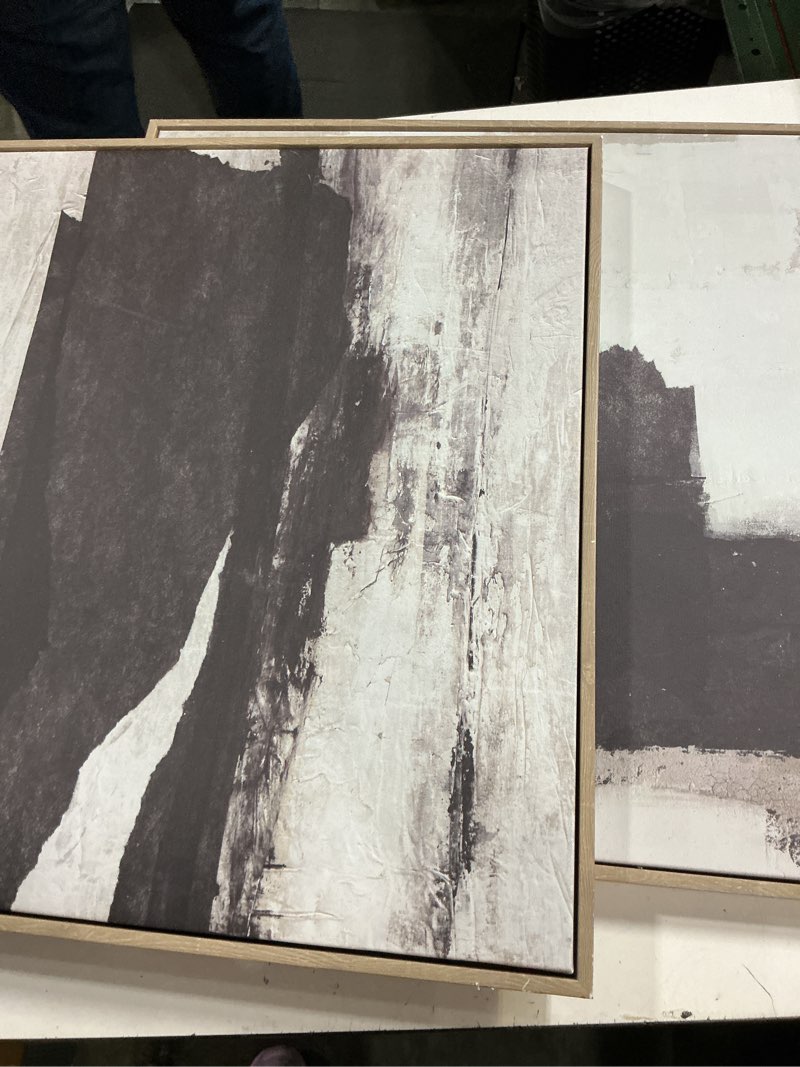 Condition photo showing As Is for set of 2 framed canvas black 24" x 24" modern style digital abstract art