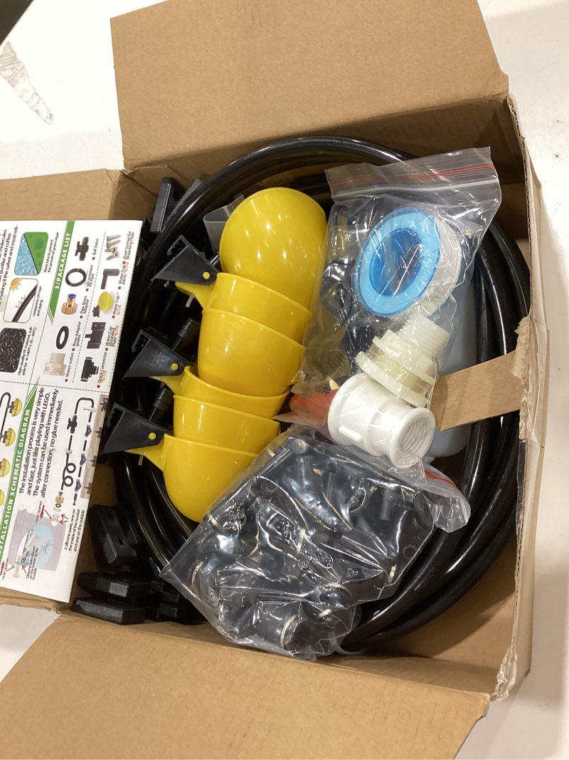 Condition photo showing Good Condition for complete set pipeline automatic chicken waterer system, innovative quick-connect water system with large size water cups removable and washable, 18ft pipeline and float valve (yellow, 6cup) yellow 6cups