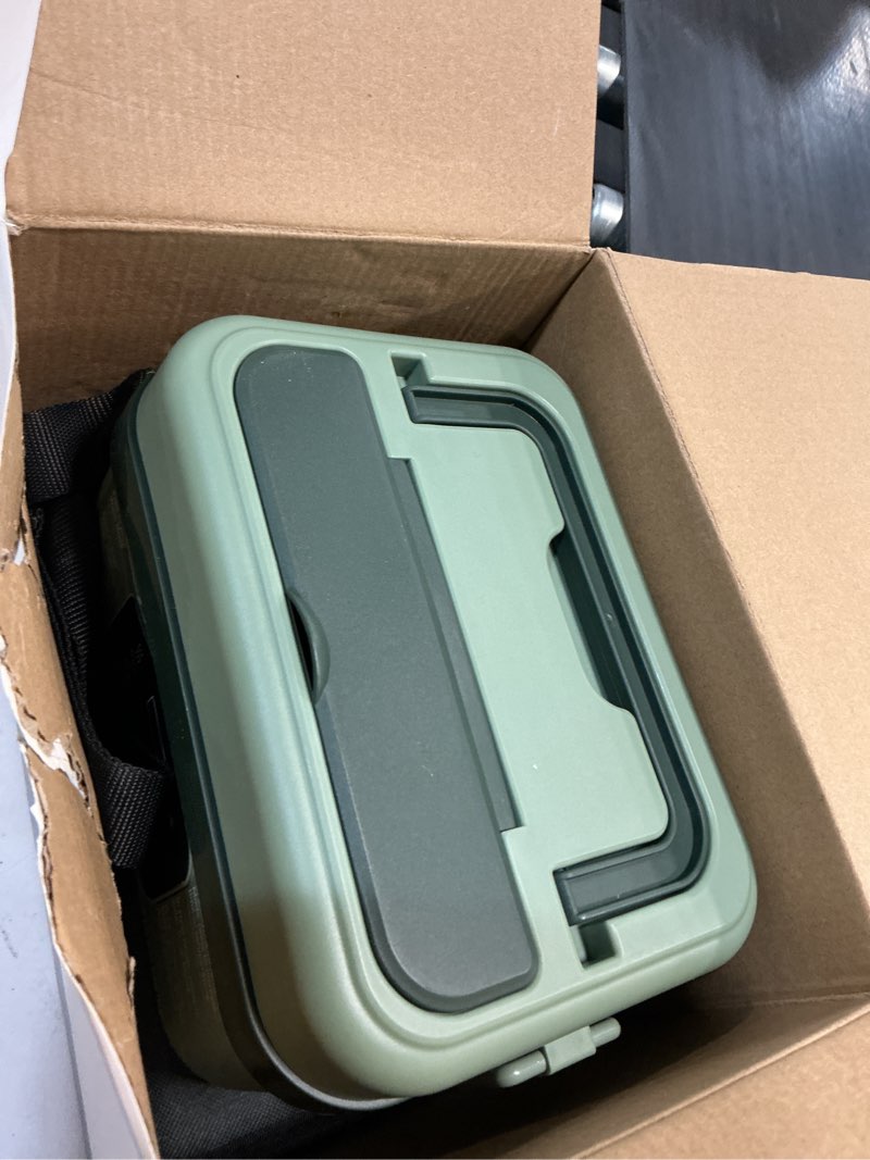 Condition photo showing As Is for odsd cordless electric lunch box for adults, 16000mah rechargeable self-heating lunch box food warmer with timer & adjustable heating, 34oz/1l container with insulated bag for office car outdoor green/dark green