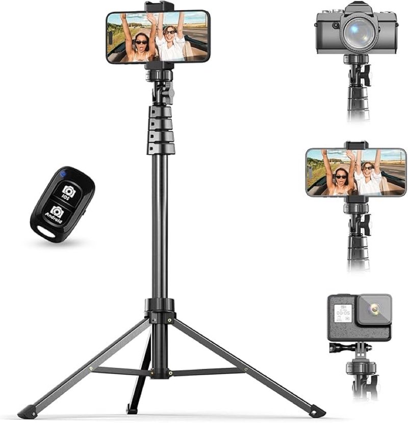 ubeesize 62\" phone tripod & selfie stick, camera tripods stand with wireless remote and phone holder,compatible with iphone android phone, perfect for selfies/video recording/live streaming black (similar to the stock photo)
