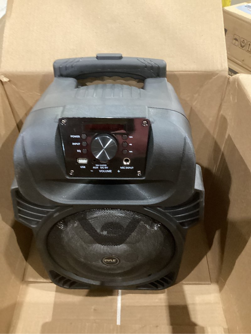 Condition photo showing As Is for pyle 8" portable bluetooth pa speaker - 500w rechargeable indoor/outdoor karaoke machine sound system - multi-color led party lights, mic input, fm radio, mp3/usb & remote control (black) 1