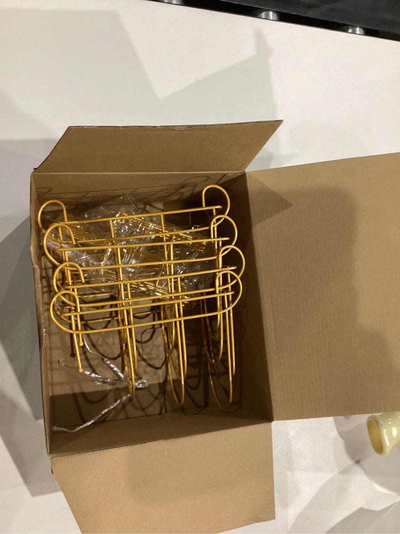 Condition photo showing Good Condition for plate stands and cup holder, 3-tier plate stand for display and cup and saucer display stand holder metal dish rack cabinet organizer for plates tea cups coffee mug(gold,8 pcs) 8 gold