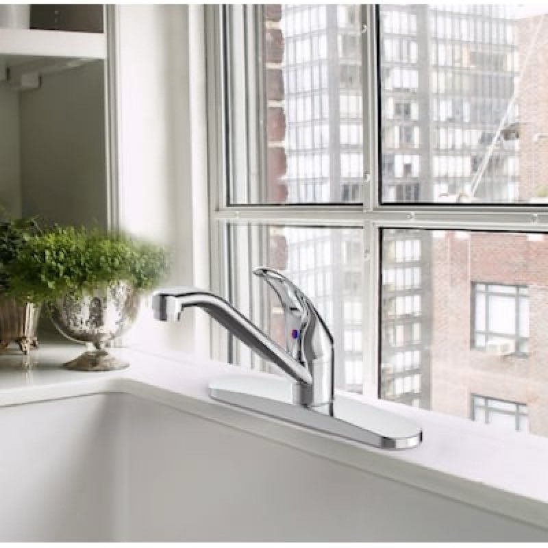 project source wakebridge polished chrome single handle deck-mount kitchen faucet (includes deck plate)