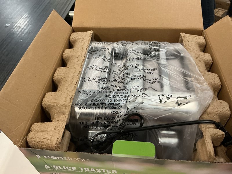 Condition photo showing New/Like New for toaster 4 slice toaster stainless steel retro toasters, bagel, defrost, reheat, cancel function 6 shade settings removable crumb tray auto pop-up, kitchen appliances, apartment essentials