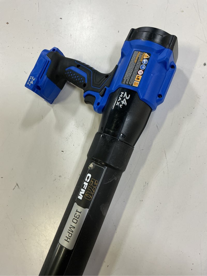 Condition photo showing As Is for (incomplete  7 kobalt 24-volt 270-cfm 130-mph battery handheld leaf blower 3 ah battery included charger included khb 324-06