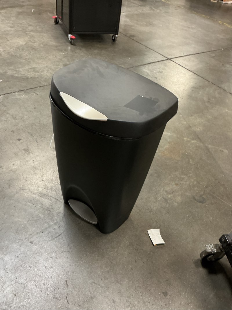 Condition photo showing As Is for moxie 13 gallon black plastic kitchen step trash can