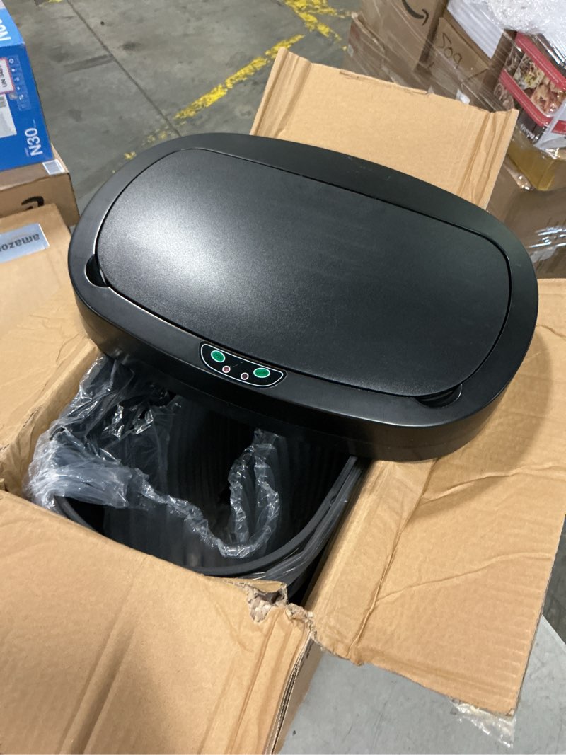 Condition photo showing As Is for bestoffice | 13 gallon trash can with lid | automatic touchless garbage can | odor control | modern oval design | easy to clean | plastic | black | fits any kitchen, bathroom, office or home plastic black