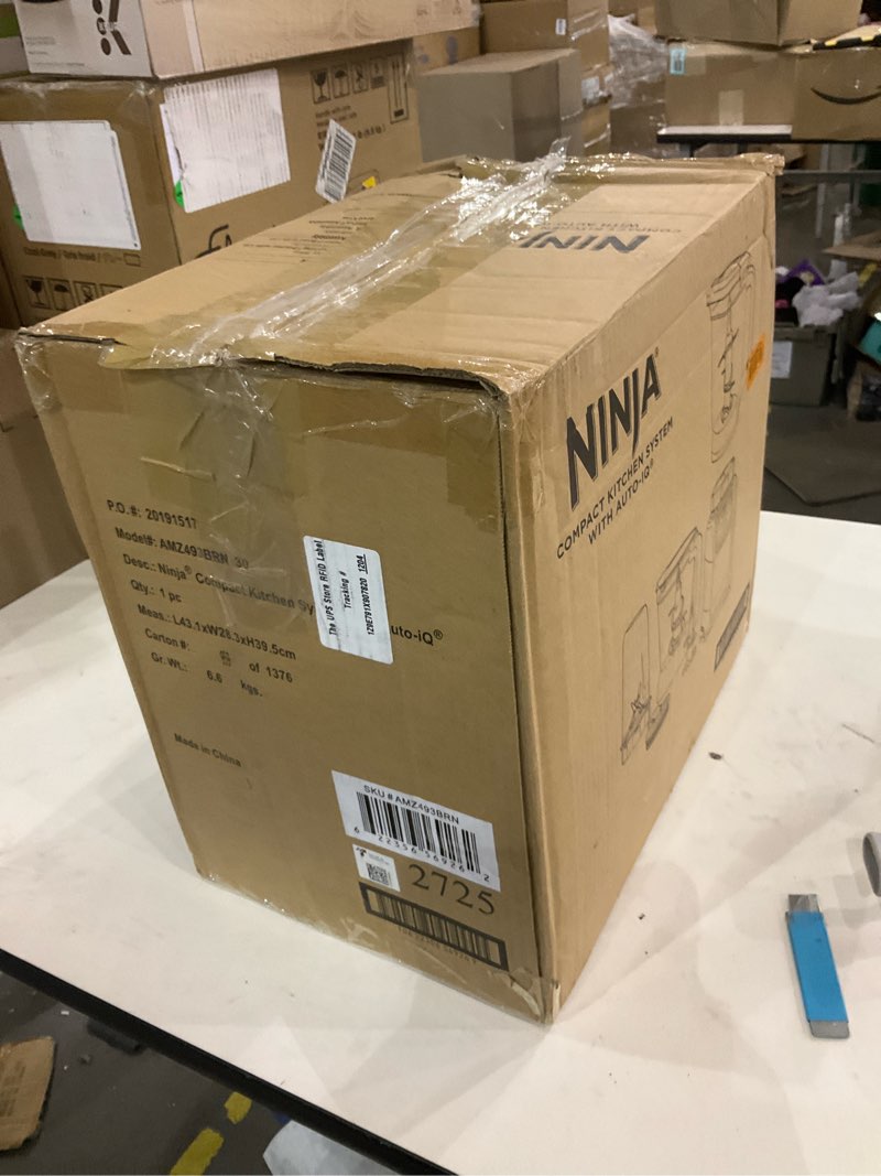 Condition photo showing As Is for Ninja Blender, Compact Kitchen System, 1200W, 3 Functions for Smoothies, Dough & Frozen Drinks with Auto-IQ, 72-oz.* Blender Pitcher, 40-oz. Processor Bowl & 18-oz. Single-Serve Cup, Grey, AMZ493BRN 1200 Peak Watts