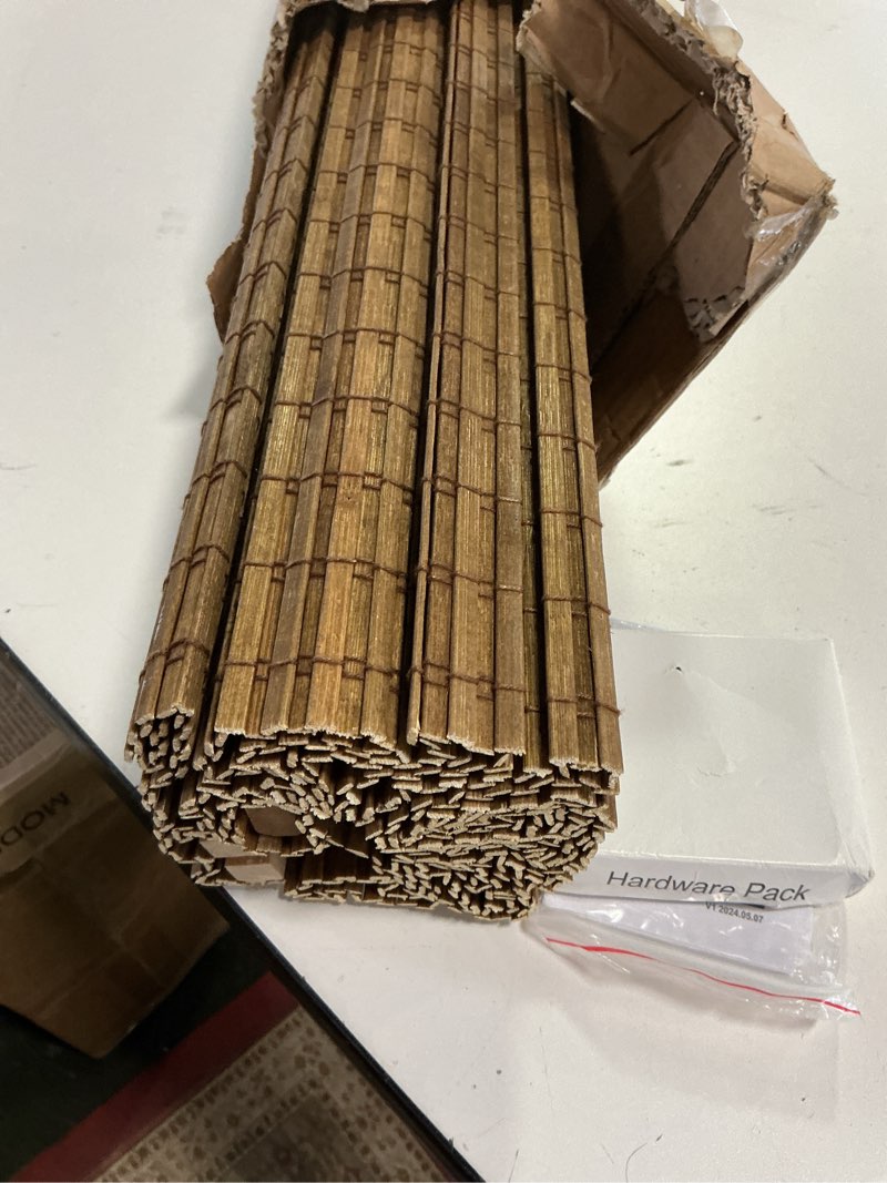 Condition photo showing As Is for LazBlinds Cordless Bamboo Roman Shades, Privacy Blinds for Interior Windows, Room Darkening Roll Up Bamboo Blinds for Home & Patio, 35\" W x 64\" H, Highfield Teak Pricacy - Highfield Teak 35\" W x 64\" H