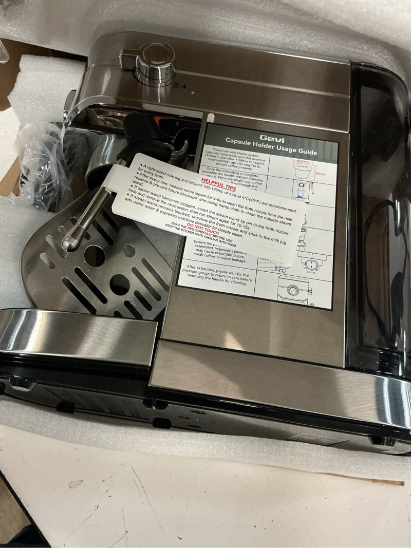 Condition photo showing Good Condition for gevi espresso machine 20 bar with portafilter for nespresso original capsules and coffee powder, professional espresso maker with milk frother for cappuccino, latte, compact espresso coffee machine