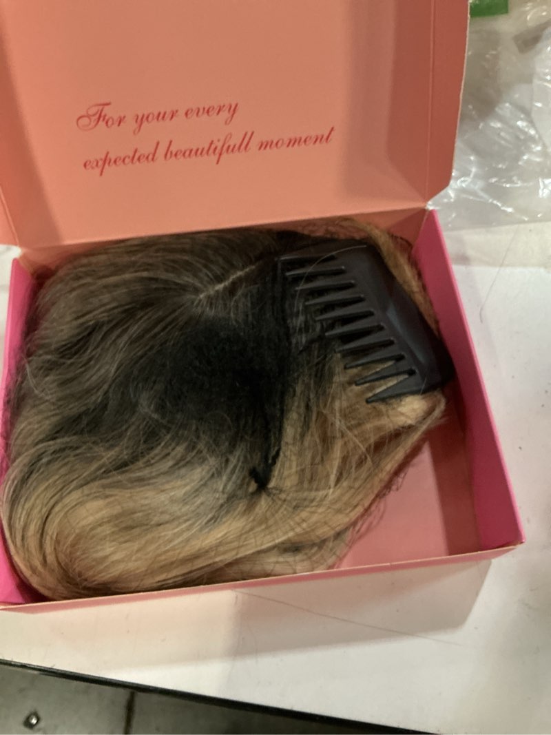 Condition photo showing New/Like New for tyq hair toppers for women with thinning hair 14 inch, 360° 3d synthetic curly wavy wispy clip in bangs(ombre dark root to blonde) 14 inch r4/22/60