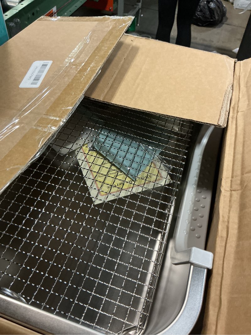Condition photo showing Good Condition for rabbit litter box, extra large bunny litter box with 304 stainless steel sifting grid, safe plastic-covered entry edge & hooks, easy to clean and odor control (17.7" × 13.8" × 5.9")