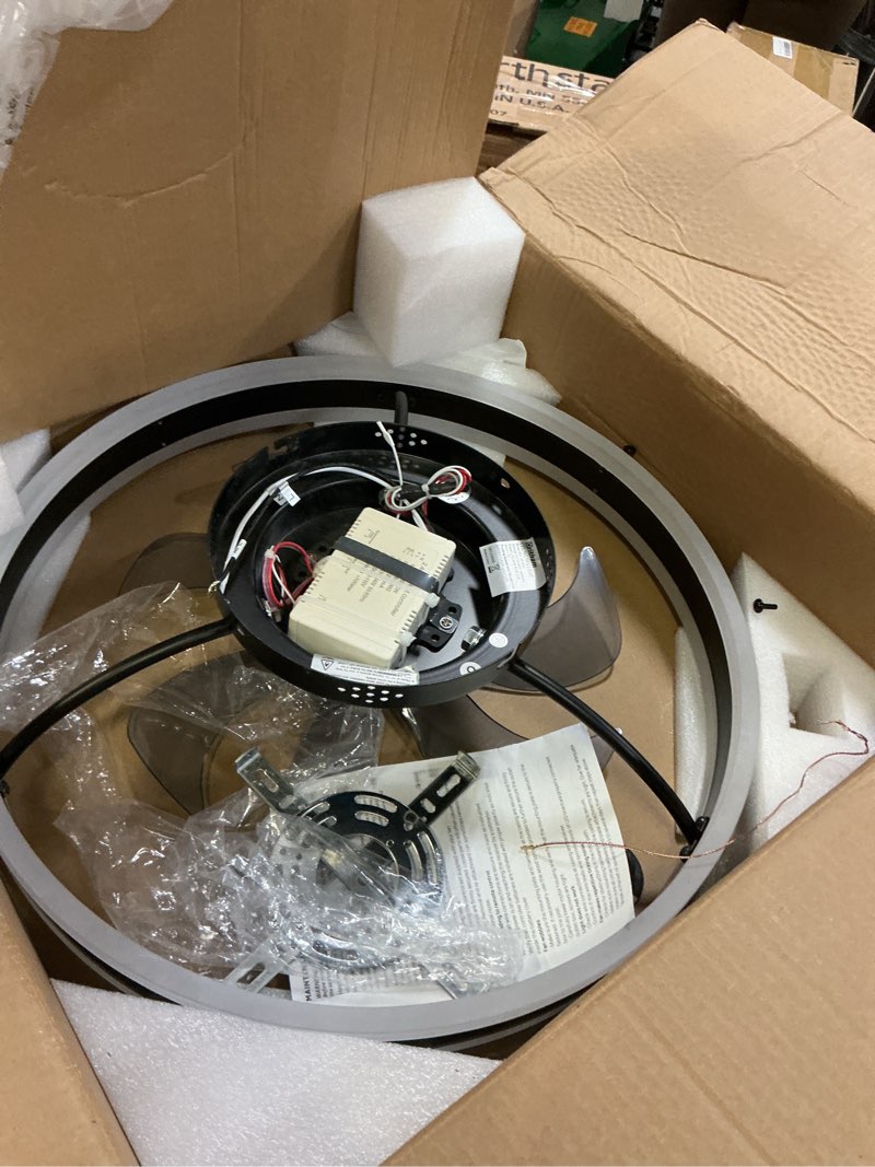 Condition photo showing As Is for sterren rgb ceiling fan with light, 20'' low profile ceiling fans, black flush mount led fan light with remote control, modern bladeless fandelier for bedroom, living room, kitchen rgb black 19.7 inch