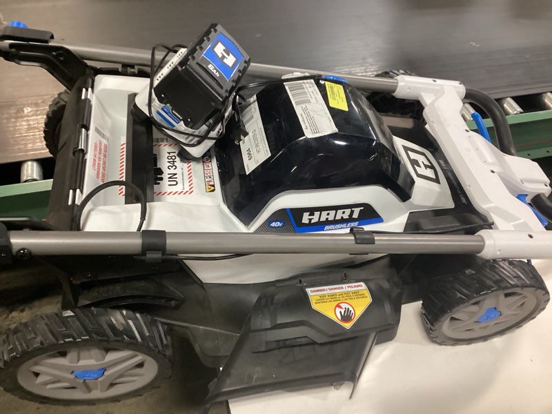 Condition photo showing As Is for hart 40-volt cordless 18-inch push mower kit, (1) 6ah lithium-ion battery, (1) battery charger