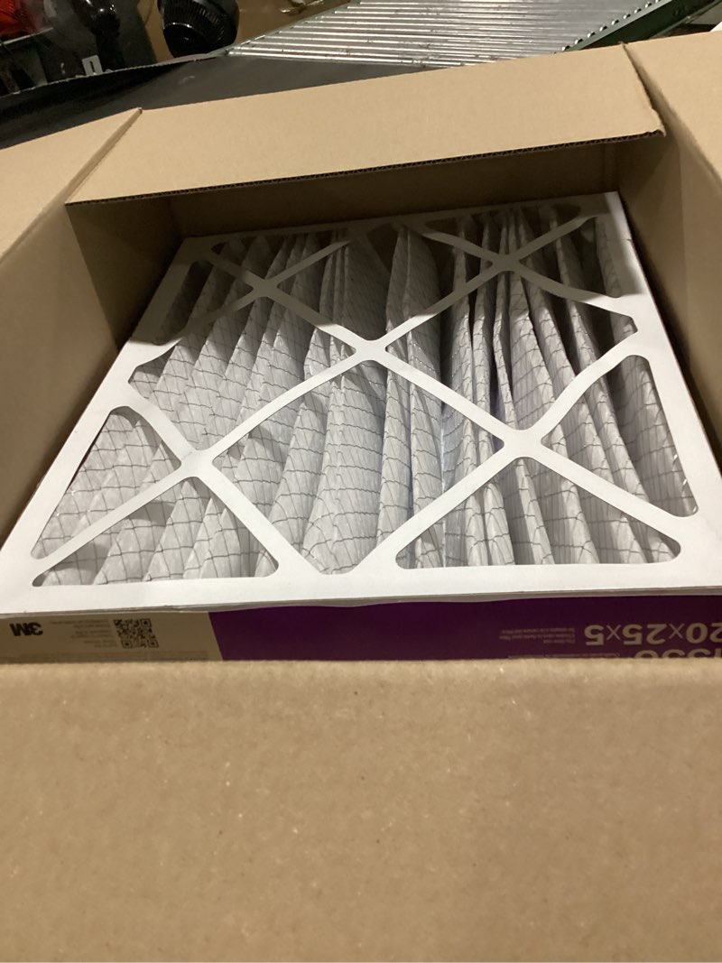 Condition photo showing Good Condition for filtrete 20x25x5 air filter merv 12, mpr 1550 certified asthma & allergy friendly 1-pack, fits trion airbear, ac furnace hvac filters, pleated electrostatic (actual size 19.56 x 24.13 x 4.75 in) 4.7" x 24.2" x 19.6"