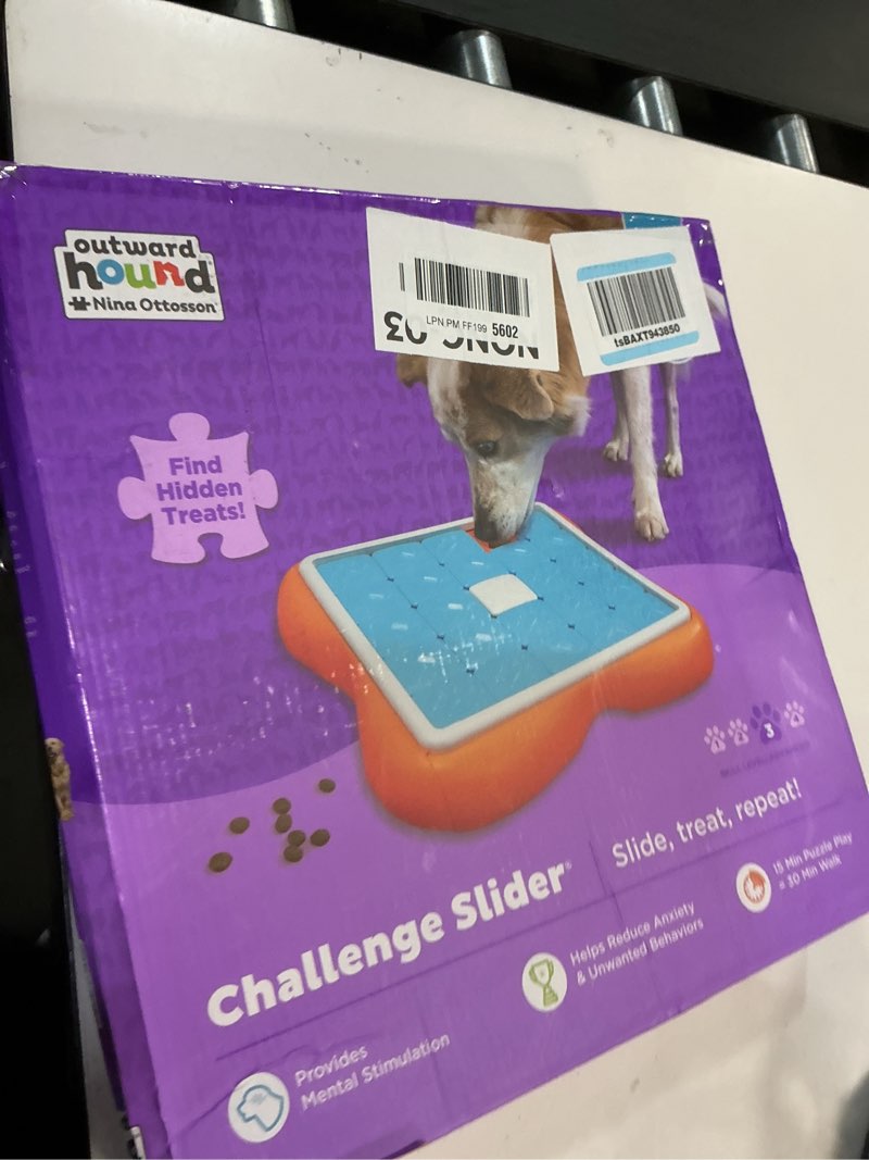 Condition photo showing New/Like New for outward hound by nina ottosson challenge slider – interactive dog treat puzzle enrichment toy, level 3 advanced challenge slider (orange, blue)