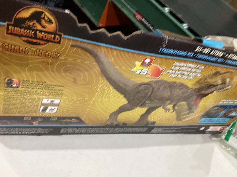 Condition photo showing Good Condition for mattel jurassic world rebirth gigantic thrashers tyrannotitian dinosaur figure toy, 2 tail activated rampage attacks, digital play tyrannotitan
