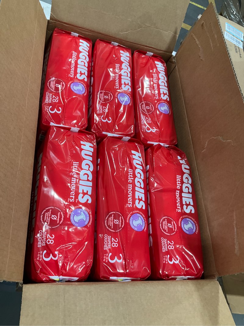 Condition photo showing New/Like New for Huggies Size 3 Diapers, Little Movers Baby Diapers, Size 3 (16-28 lbs), 168 Count (6 Packs of 28), Packaging May Vary
