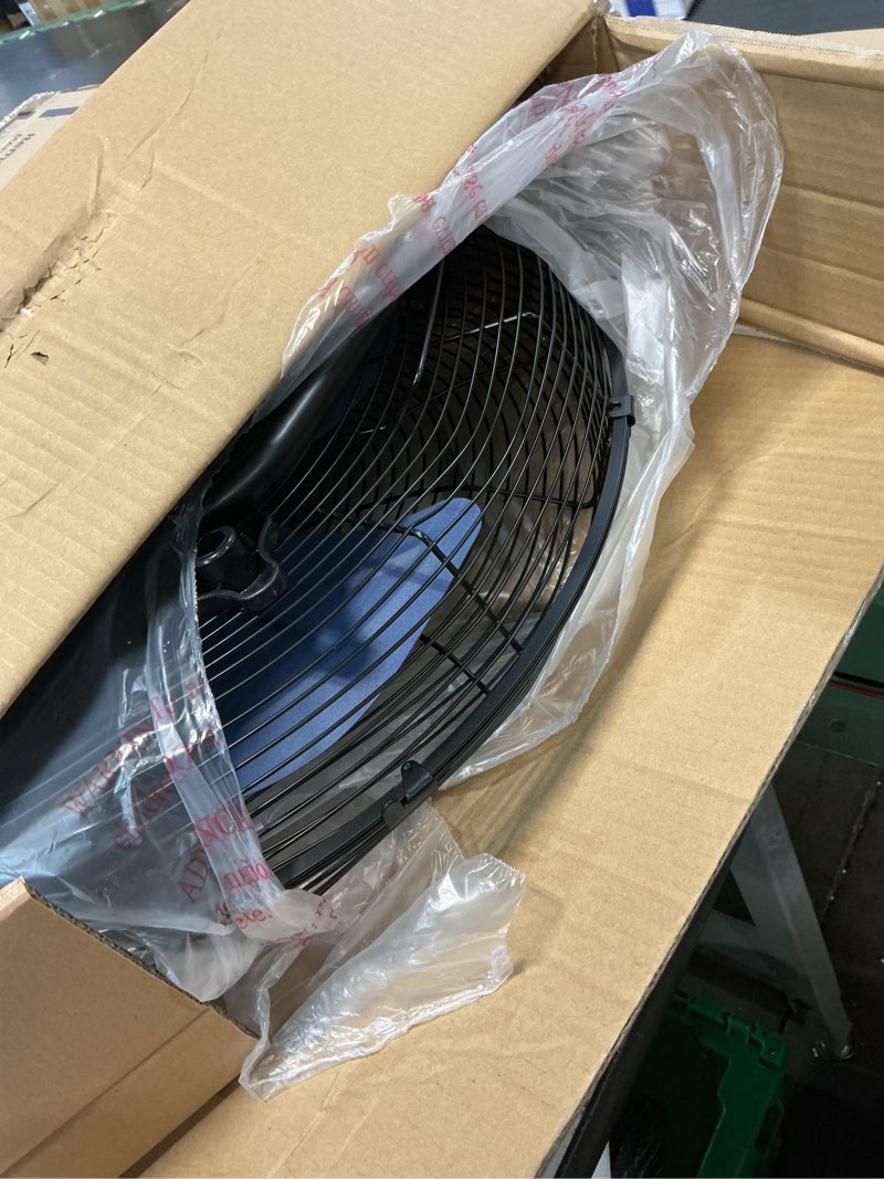 Condition photo showing As Is for tempware 20 inch high velocity industrial floor fan, 3-speed heavy duty metal cradle floor fans with 360° tilt for warehouse, workshop, garage, factory and basement, black & blue