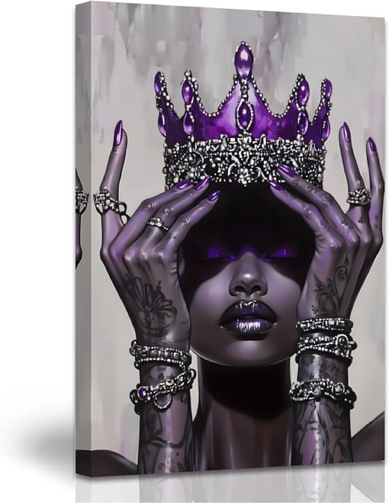 AWPANERAR African American Wall Art Black Woman Canvas Print African Queen with Crown Pictures Elegant Woman Painting Black Girl Poster Bedroom Decor Framed (Purple, (18L x 12W))