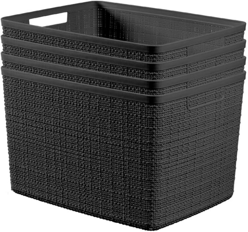 Curver Set of 4 Large 20L Jute Decorative Plastic Organization and Storage Baskets - Perfect Bins fo