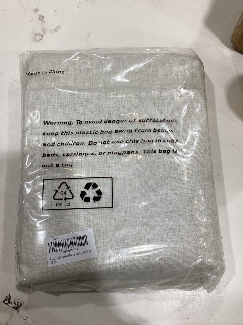 Condition photo showing As Is for LAMIT 100% Blackout Natural Linen Curtains, 63 Inches Linen Textured Thermal Bedroom Curtains Back Tab and Rod Pocket Neutral Panels with White Liner for Farmhouse, 2 Panels, 52 x 63 Inch, Ivory 52"W x 63"L (Pack of 2) Ivory