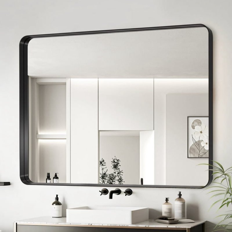 Bimno 40\"x36\" Black Framed Bathroom Mirror, Large Rectangular Vanity Mirror, Aluminum Metal Frame, W