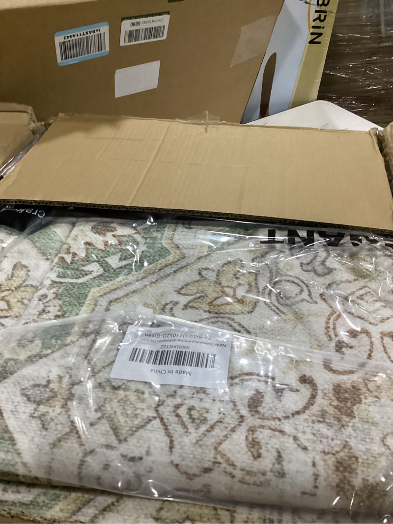 Condition photo showing As Is for 8x10 area rugs, washable rugs, large stain resistant area rug for living room bedroom dining room, vintage farmhouse rug green green/brown 8' x 10' (rectangular)