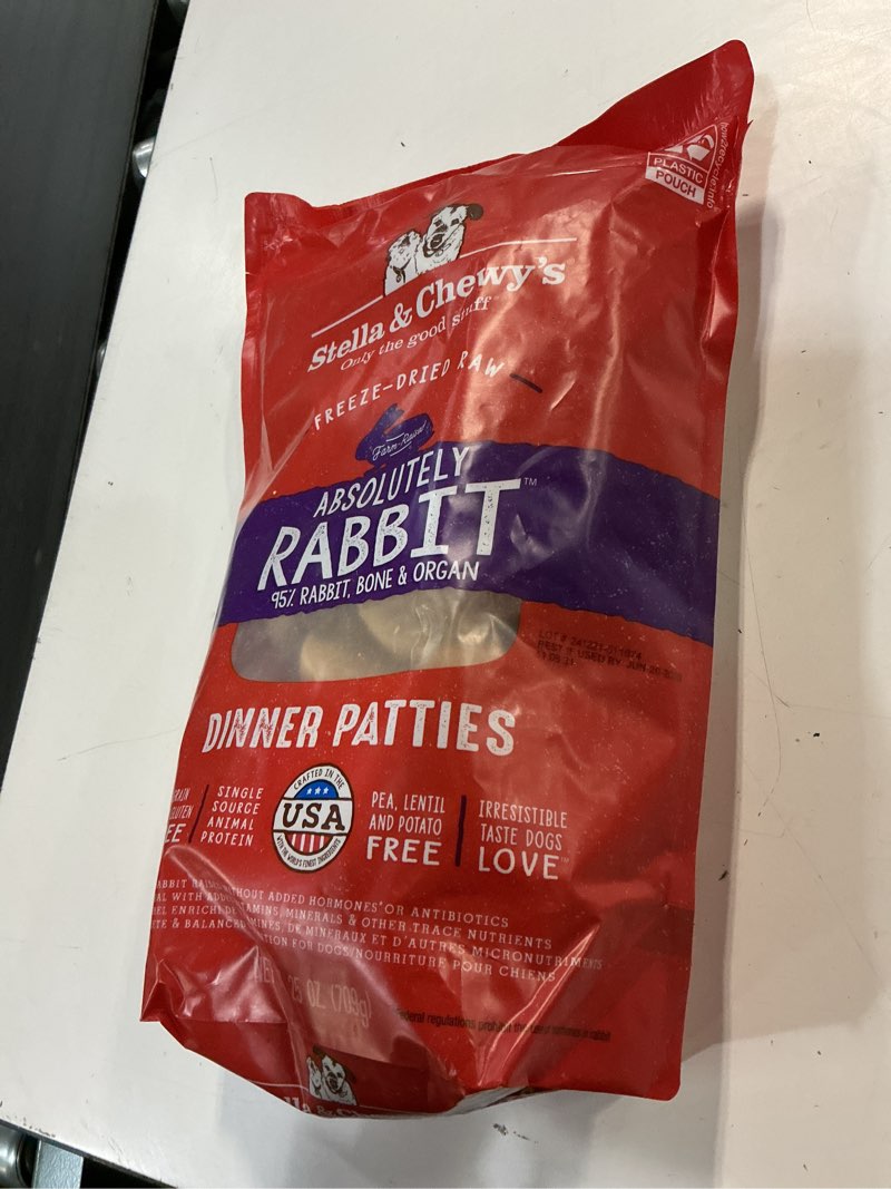 Condition photo showing New/Like New for best if used by/jun/20/2026))stella & chewy's freeze-dried raw dinner patties - absolutely rabbit recipe - high protein grain-fre