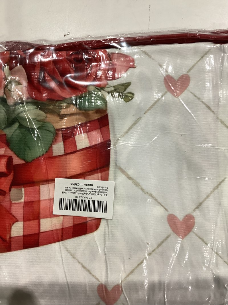 Condition photo showing item condition for Valentine's Day Throw Pillow Covers, 18 x 18 Inch Red Heart Mason Jars Roses Diamond Lattice Hello Valentine Love You More Decorative Pillowcases for Sofa Couch Set of 4