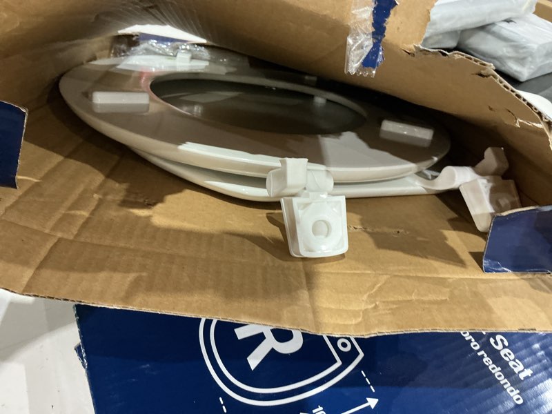 Condition photo showing As Is for project source 854827 round toilet seat white wood 