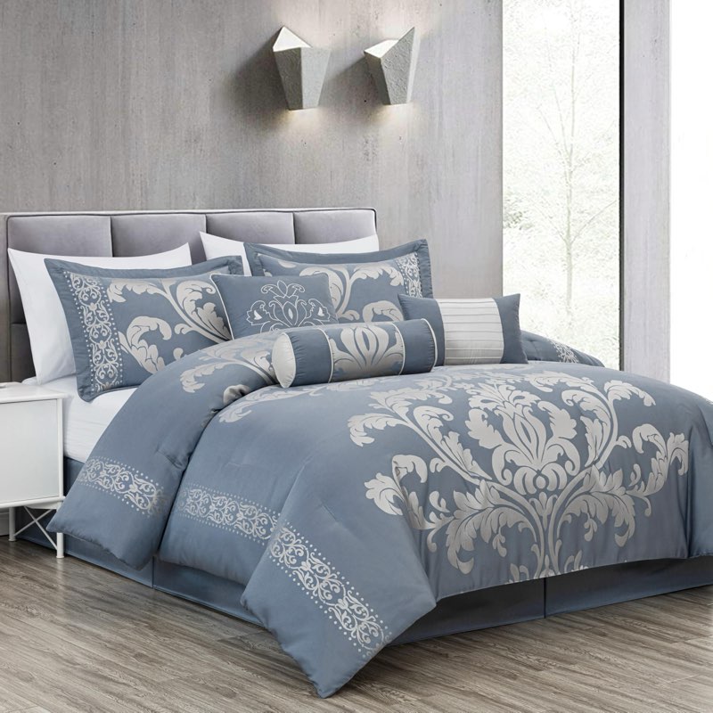 Chezmoi Collection Royale 7-Piece Jacquard Floral Comforter Set, California King, Grayish Blue/Gray