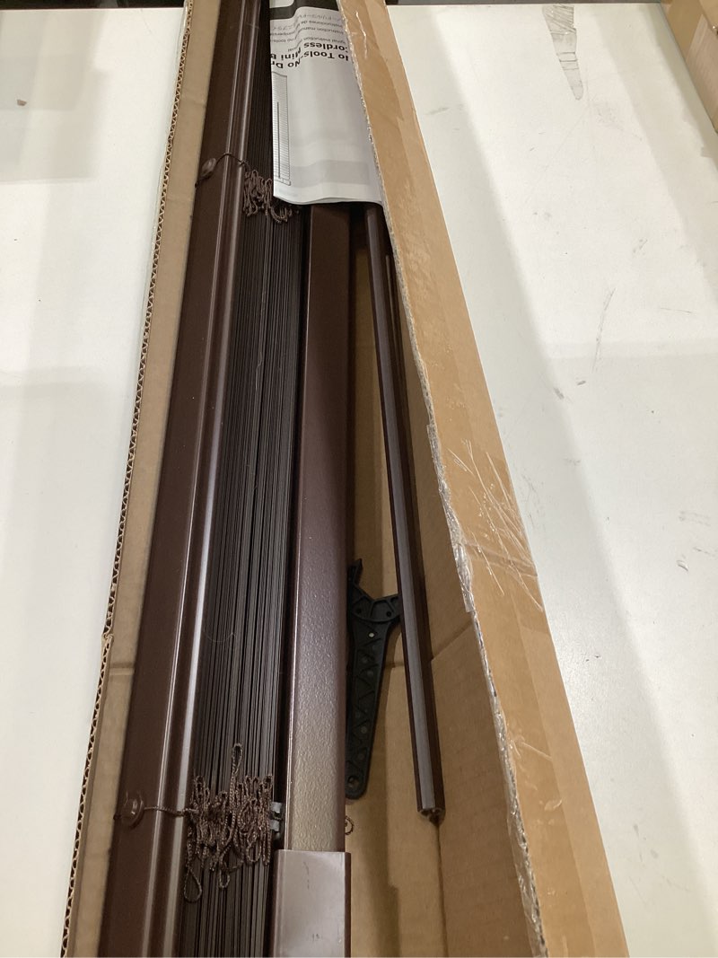 Condition photo showing As Is for cordless no tools-no drill 1" vinyl horizontal mini blinds, light filtering blinds for windows, blinds & shades for window size 38" w x 64" h, mahogany