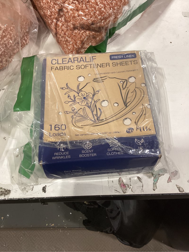 Condition photo showing New/Like New for clearalif laundry fabric softener sheets, fresh linen scent, 160 loads, eco friendly, great for travel, apartments, dorms.