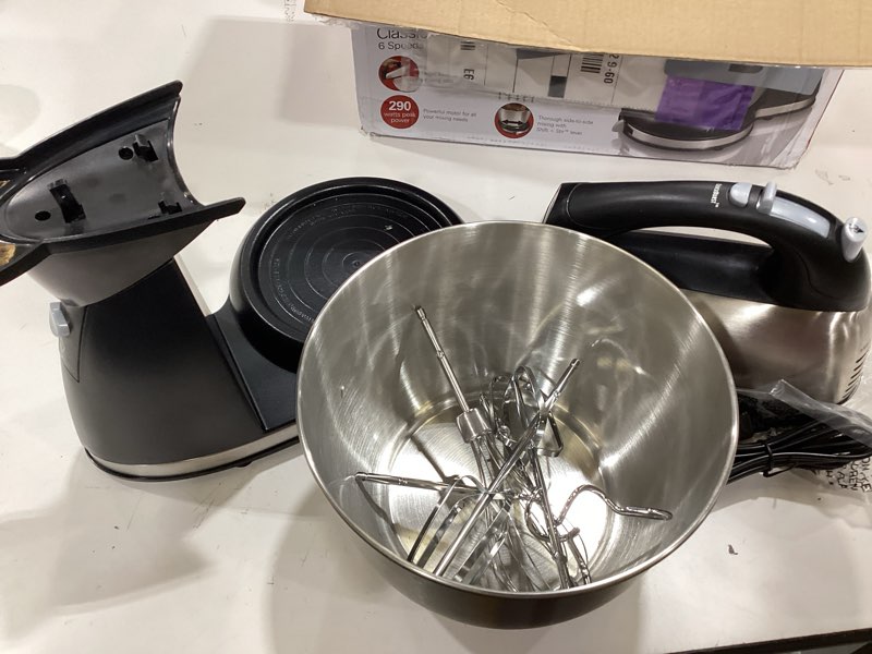 Condition photo showing As Is for hamilton beach classic stand and hand mixer, 4 quarts, 6 speeds with quickburst, bowl rest, 290 watts peak power, black and stainless black & stainless