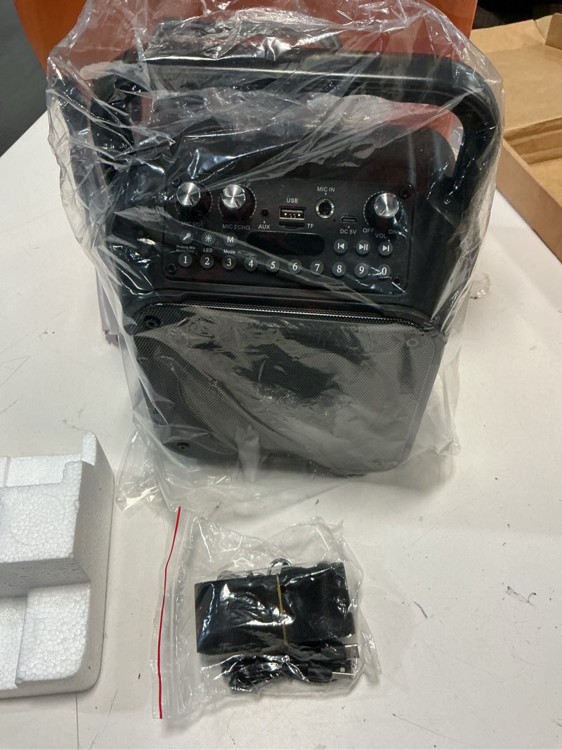 Condition photo showing As Is for (Incomplete,missing microphones)Karaoke Machine, Portable Bluetooth Speaker with 2 Wireless Microphones for Adults & Kids with Lights, Karaoke Microphone with PA System Supports USB/TF/FM/AUX for Home Party Home System Packages Black