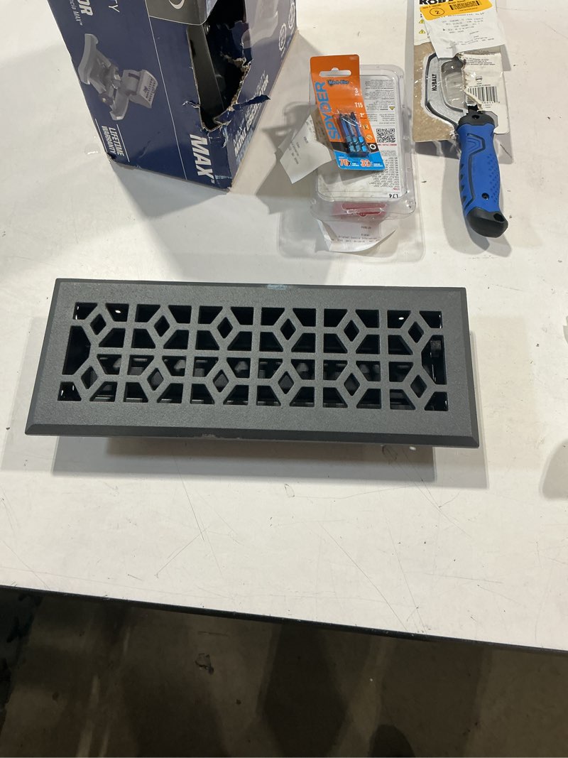 Condition photo showing Good Condition for allen + roth 4-in x 12-in maximum airflow steel pewter marquis design floor register