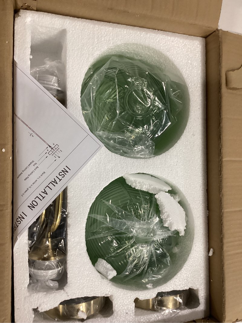 Condition photo showing New/Like New for Green Glass Pendant Light Set of 2 Modern Globe Pendant Lighting Nordic Ribbed Gold Ceiling Hanging Chandelier with Brushed Brass Adjustable Rods Dining Room Kitchen Island Light Fixture Gold-Green 2 Pack